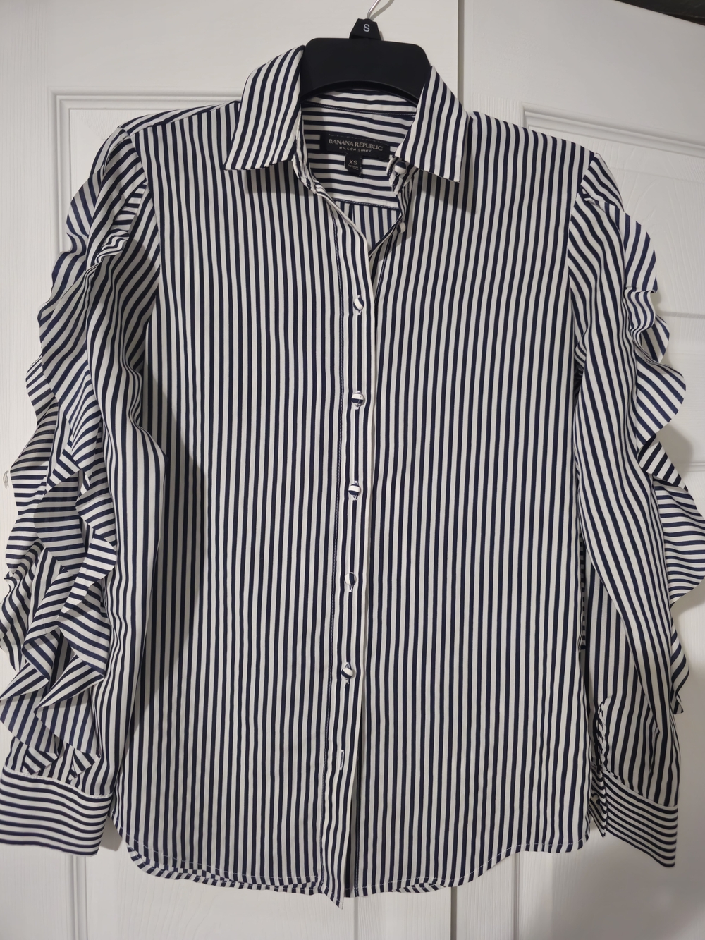Banana Republic Navy and White Striped Ruffle-Sleeve Button-Down